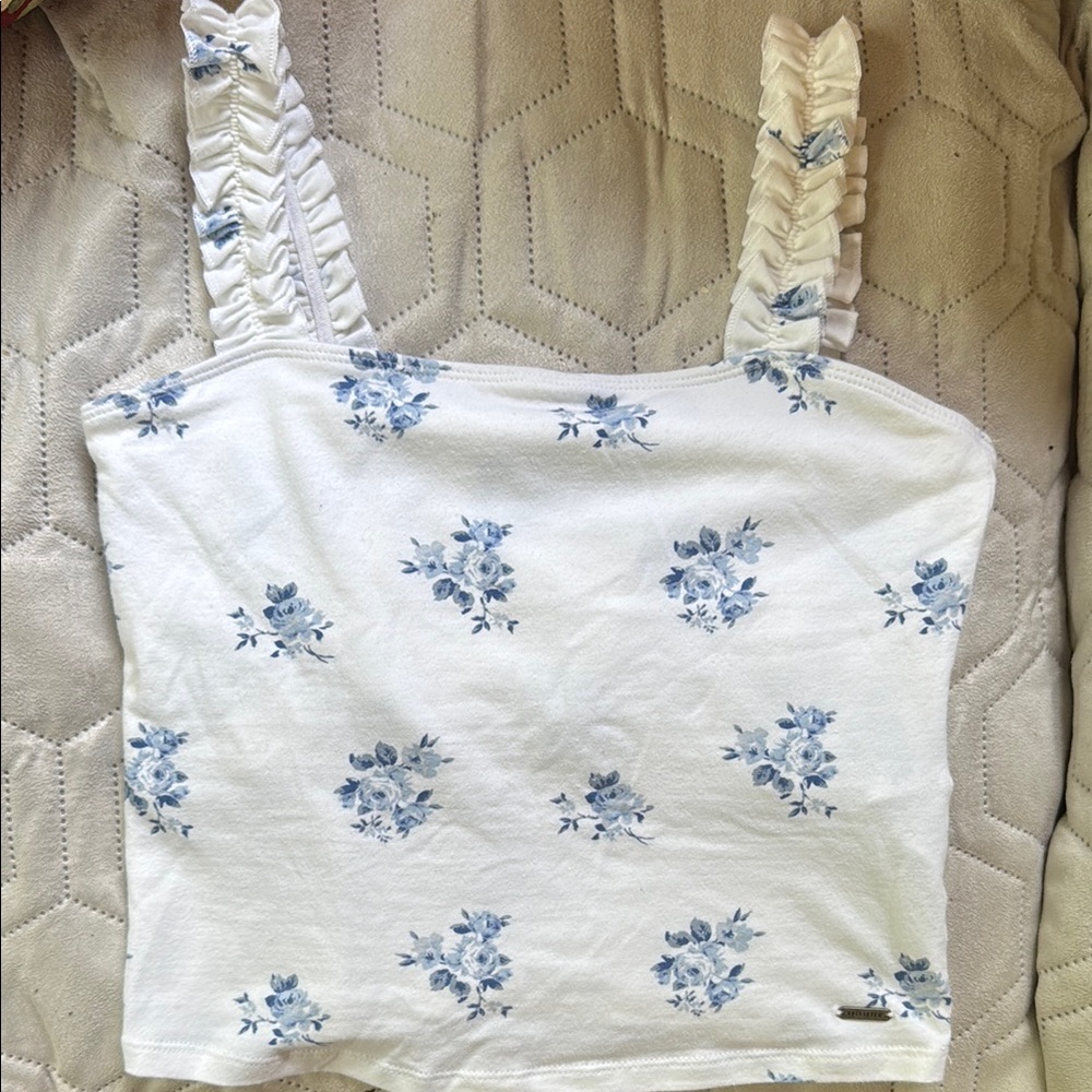 Hollister White and Blue Cropped Floral Square Neck Tank Top